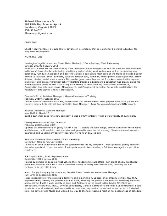 sheet metal resume