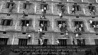 India has the largest youth [10-24] population: 356 million.
11 million students pass out of college every year, but where are the jobs?
Our educational system is broken.
 