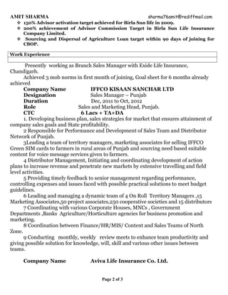 AMIT SHARMA sharma76amit@rediffmail.com
 150% Advisor activation target achieved for Birla Sun life in 2009.
 200% achievement of Advisor Commission Target in Birla Sun Life Insurance
Company Limited.
 Sourcing and Dispersal of Agriculture Loan target within 90 days of joining for
CBOP.
Work Experience
Presently working as Branch Sales Manager with Exide Life Insurance,
Chandigarh.
Achieved 3 mob norms in first month of joining, Goal sheet for 6 months already
achieved
Company Name IFFCO KISAAN SANCHAR LTD
Designation Sales Manager – Punjab
Duration Dec, 2011 to Oct, 2012
Role Sales and Marketing Head, Punjab.
CTC 6 Lacs + TA+DA
1. Developing business plan, sales strategies for market that ensures attainment of
company sales goals and State profitability.
2 Responsible for Performance and Development of Sales Team and Distributor
Network of Punjab.
3Leading a team of territory managers, marketing associates for selling IFFCO
Green SIM cards to farmers in rural areas of Punjab and sourcing need based suitable
content for voice message services given to farmers.
4 Distributor Management, Initiating and coordinating development of action
plans to increase revenue and penetrate new markets by extensive travelling and field
level activities.
5 Providing timely feedback to senior management regarding performance,
controlling expenses and issues faced with possible practical solutions to meet budget
guidelines.
6 Leading and managing a dynamic team of 4 On Roll Territory Managers ,15
Marketing Associates,50 project associates,250 cooperative societies and 15 distributors
7 Coordinating with various Corporate Houses, MNCs , Government
Departments ,Banks Agriculture/Horticulture agencies for business promotion and
marketing.
8 Coordination between Finance/HR/MIS/ Content and Sales Teams of North
Zone.
9 Conducting monthly, weekly review meets to enhance team productivity and
giving possible solution for knowledge, will, skill and various other issues between
teams.
Company Name Aviva Life Insurance Co. Ltd.
Page 2 of 3
 