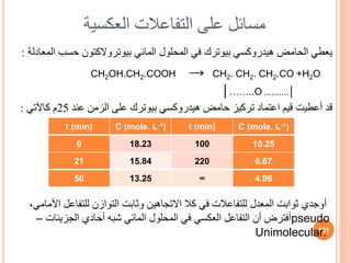 ‫العكسية‬ ‫التفاعالت‬ ‫على‬ ‫مسائل‬
‫هيدروكسي‬ ‫الحامض‬ ‫يعطي‬
‫بيوترك‬
‫المائي‬ ‫المحلول‬ ‫في‬
‫بيوتروالكتون‬
‫ال‬ ‫حسب‬
‫معادلة‬
:
CH2OH.CH2.COOH → CH2. CH2. CH2.CO +H2O
│……..O │
..........
‫قد‬
‫أعطيت‬
‫قيم‬
‫حامض‬ ‫تركيز‬ ‫اعتماد‬
‫هيدروكسي‬
‫بيوترك‬
‫على‬
‫عند‬ ‫الزمن‬
25
‫كاآلتي‬ ‫م‬
:
101
C (mole. L-1)
t (min)
C (mole. L-1)
t (min)
10.25
100
18.23
0
6.67
220
15.84
21
4.96
∞
13.25
50
،‫األمامي‬ ‫للتفاعل‬ ‫التوازن‬ ‫وثابت‬ ‫االتجاهين‬ ‫كال‬ ‫في‬ ‫للتفاعالت‬ ‫المعدل‬ ‫ثوابت‬ ‫أوجدي‬
‫الجزيئات‬ ‫أحادي‬ ‫شبه‬ ‫المائي‬ ‫المحلول‬ ‫في‬ ‫العكسي‬ ‫التفاعل‬ ‫أن‬ ‫أفترض‬
– pseudo
Unimolecular.
 