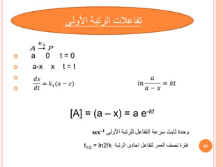 ‫األ‬ ‫الرتبة‬ ‫تفاعالت‬
‫ولى‬
 a 0 t = 0
 a-x x t = t


[A] = (a – x) = a e-kt
‫األولى‬ ‫للرتبة‬ ‫التفاعل‬ ‫سرعة‬ ‫ثابت‬ ‫وحدة‬
sec-1
‫الرتبة‬ ‫احادى‬ ‫لتفاعل‬ ‫العمر‬ ‫نصف‬ ‫فترة‬
t1/2 = ln2/k 41
 