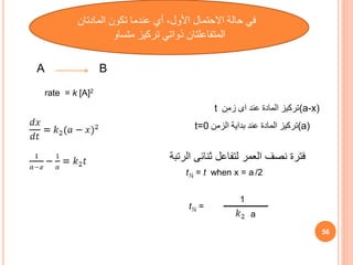 A B
56
‫المادتان‬ ‫تكون‬ ‫عندما‬ ‫أي‬ ،‫األول‬ ‫االحتمال‬ ‫حالة‬ ‫في‬
‫متساو‬ ‫تركيز‬ ‫ذواتي‬ ‫المتفاعلتان‬
rate = k [A]2
t ‫زمن‬ ‫اى‬ ‫عند‬ ‫المادة‬ ‫(تركيز‬a-x)
t=0 ‫الزمن‬ ‫بداية‬ ‫عند‬ ‫المادة‬ ‫(تركيز‬a)
t½ = t when x = a /2
t½ =
1
a
‫الرتبة‬ ‫ثنائى‬ ‫لتفاعل‬ ‫العمر‬ ‫نصف‬ ‫فترة‬
 