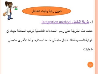 ‫التف‬ ‫وثابت‬ ‫رتبة‬ ‫تعيين‬
‫اعل‬
3
-
‫التكامل‬ ‫طريقة‬
Integration method
‫المختلف‬ ‫للرتب‬ ‫التكاملية‬ ‫المعادالت‬ ‫رسم‬ ‫على‬ ‫الطريقة‬ ‫هذه‬ ‫تعتمد‬
‫ة‬
‫أن‬ ‫حيث‬
‫الرتبة‬
‫س‬ ‫األخرى‬ ‫وأما‬ ‫مستقيما‬ ‫خـــطا‬ ‫ستعطي‬ ‫للتـــفاعل‬ ‫الصحيحة‬
‫تعطي‬
‫منحنيات‬
72
 