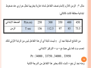 76
‫مثال‬
‫ضغوط‬ ‫عند‬ ‫حراري‬ ‫تحلل‬ ‫يعتريها‬ ‫غازية‬ ‫لمادة‬ ‫التفاعل‬ ‫نصف‬ ‫إلتمام‬ ‫الالزم‬ ‫الزمن‬ :
:‫كالتالي‬ ‫كانت‬ ‫مختلفة‬ ‫ابتدائية‬
450
400
350
300
250
P(m.m)
‫االبتدائي‬ ‫الضغط‬
75.5
85
97
112.5
136
T sec
‫الزمن‬
‫أن‬ ‫نجد‬ ‫السابقة‬ ‫النتائج‬ ‫من‬
τ
‫لذلك‬ ‫األولي‬ ‫الرتبة‬ ‫من‬ ‫ليس‬ ‫التفاعل‬ ‫هذا‬ ‫أن‬ ‫أي‬ ‫ثابتة‬ ‫ليست‬
‫تحسب‬
a
τ
‫حيث‬ ‫يلي‬ ‫كما‬
= a = p
.‫االبتدائي‬ ‫التركيز‬
Pτ : 34000 , 33750 , 34000 , 33950
‫أن‬ ‫نجد‬ ‫ومنه‬
= pτ
‫الثانية‬ ‫الدرجة‬ ‫من‬ ‫التفاعل‬ ‫هذا‬ ‫يعتبر‬ ‫لذلك‬ ،‫ثابت‬
 