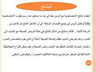 ‫أعطت‬
‫االمت‬ ‫مقلوب‬ ‫رسم‬ ‫عند‬ ‫مستقيم‬ ‫ما‬ ‫حد‬ ‫إلى‬ ‫خط‬ ‫الزمن‬ ‫مع‬ ‫االمتصاصية‬ ‫نتائج‬
‫صاصية‬
(1/A)
‫تفاع‬ ‫هو‬ ‫الناتج‬ ‫التفاعل‬ ‫أن‬ ‫أي‬ ‫السابقة‬ ‫القياسات‬ ‫جميع‬ ‫في‬ ‫الزمن‬ ‫مقابل‬
‫من‬ ‫ل‬
‫الثانية‬ ‫الدرجة‬
.
‫ا‬ ‫مع‬ ‫الصبغة‬ ‫تعريض‬ ‫حالة‬ ‫في‬ ‫النتائج‬ ‫تماثل‬ ‫من‬ ‫يستنتج‬ ‫كذلك‬
‫إلى‬ ‫لمذيب‬
‫بامتص‬ ‫يقوم‬ ‫الذي‬ ‫أن‬ ً‫ا‬‫الحق‬ ‫الصبغة‬ ‫وإضافة‬ ‫فقط‬ ‫المذيب‬ ‫تعريض‬ ‫وعند‬ ‫الضوء‬
‫الضوء‬ ‫اص‬
‫ا‬ ‫اقتراح‬ ‫يمكن‬ ‫وعليه‬ ‫الصبغة‬ ‫وليس‬ ‫المذيب‬ ‫هو‬ ‫المظلم‬ ‫التفاعل‬ ‫لحدوث‬ ‫والمبادر‬
‫لميكانيكية‬
‫صبغة‬ ‫بين‬ ً‫ا‬‫ضوئي‬ ‫المحفز‬ ‫للتفاعل‬ ‫اآلتية‬
‫المالكيت‬
‫الخضراء‬
‫والهكسانون‬
‫الحلقي‬
.
85
‫النتائج‬
 