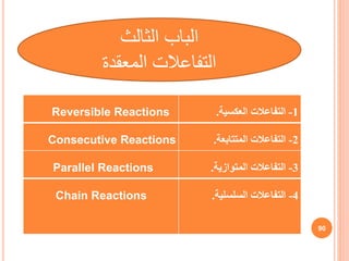 1
-
‫العكسية‬ ‫التفاعالت‬
.
Reversible Reactions
2
-
‫المتتابعة‬ ‫التفاعالت‬
.
Consecutive Reactions
3
-
‫المتوازية‬ ‫التفاعالت‬
.
Parallel Reactions
4
-
‫التفاعالت‬
‫السلسلية‬
.
Chain Reactions
90
‫الثالث‬ ‫الباب‬
‫المعقدة‬ ‫التفاعالت‬
 