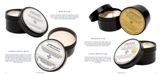 2120
Body Butter
Luxurious, hydrating, fragrant and repairing, our body
butter is rich in cocoa butter and shea. Both ingredients
work to soften and protect while canola oil heals and
repairs barriers while soothing inflammation.
VANILLA Body Butter
Infused with Vanilla, this Vanilla Body Butter is rich
in cocoa butter and shea. With all of the healing
attributes of the Africology body butter, this too
repairs and soothes, providing the skin with all over
nourishment.
Slimming Detox Cream
Contains a botanical blend of seaweed, ivy, horsetail,
queen-meadow and biting clematis, all chosen for
their effective slimming and firming action. The cream
is further enriched with caffeine, guarana extract,
carnitine, cysteic acid and pantethene sulfonate, which
trigger cell processes that cause the mitochondria to
burn up excess fat.
Shimmer Butter
This all-natural sumptuous shea body butter from
Africology brings a touch of luxury and African flavour
to your skincare routine. Enriched with pure essential
oils that uplift the spirits and nourish the skin.
 