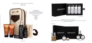 3130
“When we heal the earth, we heal ourselves.”
David Orr
Safari Kit
For Lodges and Camping
Africology has compiled a kit designed to make
your stay amongst the acacia trees and the
animals even more luxurious and cruelty-free.
Neroli Natural Water Mist
Body lotion
Rose wipe
Tissues
Citronella Oil
SPF 30
Lip Balm
Soul Collection
Skin Collection
Body Collection
Essential Gift Collection
Now you are able to take home a collection of Africology’s best sellers; whether it is in the body, facial or aromatherapy
ranges. These are our essentials.
 