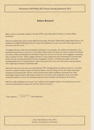 Adam leaving statement BTEC 2
