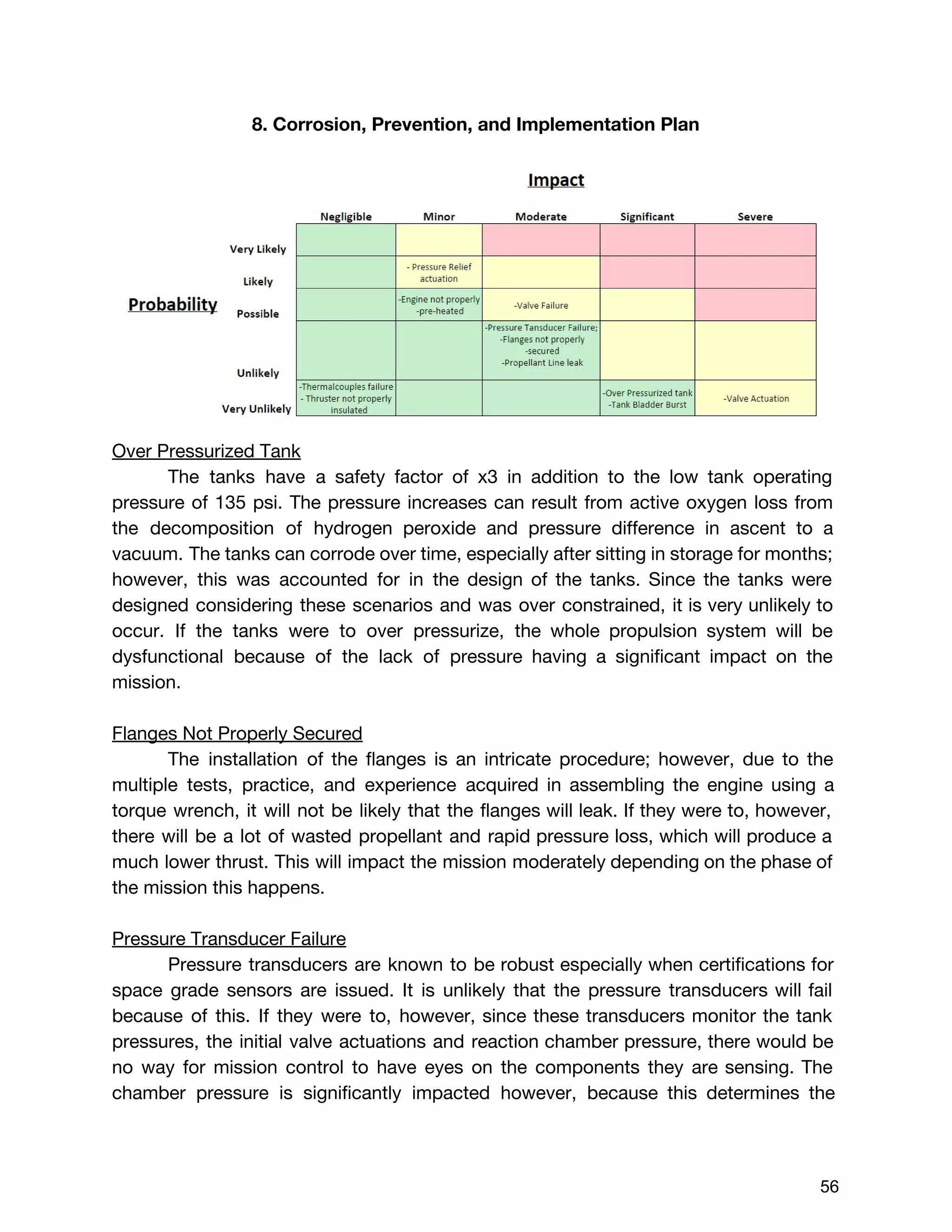 8. Corrosion, Prevention, and Implementation Plan
Over Pressurized Tank
The tanks have a safety factor of x3 in addition to the low tank operating
pressure of 135 psi. The pressure increases can result from active oxygen loss from
the decomposition of hydrogen peroxide and pressure difference in ascent to a
vacuum. The tanks can corrode over time, especially after sitting in storage for months;
however, this was accounted for in the design of the tanks. Since the tanks were
designed considering these scenarios and was over constrained, it is very unlikely to
occur. If the tanks were to over pressurize, the whole propulsion system will be
dysfunctional because of the lack of pressure having a significant impact on the
mission.
Flanges Not Properly Secured
The installation of the flanges is an intricate procedure; however, due to the
multiple tests, practice, and experience acquired in assembling the engine using a
torque wrench, it will not be likely that the flanges will leak. If they were to, however,
there will be a lot of wasted propellant and rapid pressure loss, which will produce a
much lower thrust. This will impact the mission moderately depending on the phase of
the mission this happens.
Pressure Transducer Failure
Pressure transducers are known to be robust especially when certifications for
space grade sensors are issued. It is unlikely that the pressure transducers will fail
because of this. If they were to, however, since these transducers monitor the tank
pressures, the initial valve actuations and reaction chamber pressure, there would be
no way for mission control to have eyes on the components they are sensing. The
chamber pressure is significantly impacted however, because this determines the
 
 
56 
 