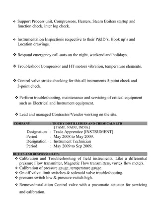 Five Point Check Instrumentation pandi resume Instrument Technician | DOC