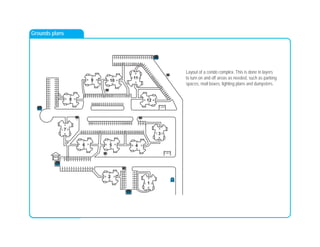 Layout of a condo complex. This is done in layers
to turn on and off areas as needed, such as parking
spaces, mail boxes, lighting plans and dumpsters.
Grounds plans
1
2
3
4
5
6
7
8
V
V
V
V
HP
9
10
11
12
V
V
V
9
D
C
B A
D C
B
A
D
C
B A 5
D
C
B A
D
C
B A
12
C
D
A B
D
C
B A
DC
B
A
3 DC
B
A
7 DC
B
A
U.S.
MAIL
Buildings
1-2
Buildings
7-12
SHED
V
V
V
V
V
V
V
V
V
V
16
15
14
13
HP
HP
18
17
19
20
21
22
23
24
25
26
Reserved
44
45
HP
V
V
V
V
43
42
HP
41
40
V
V
V
V
V
V
38
37
36
35
34
33
32
31
30
29
28
27
HP
50
51
52
53
54
55
56
57
V
V
V
V
V
V
V
V
V
V
V
V
V
V
V
46
49
65
64
63
62
V
V
V
V
V
V
V
V
V
V
V
V
HP
HP
82
V
V
V
V
V
V
77
76
75
74
73
72
71
70
HP
69
68
67
66
V
V
V
V
V
97
96
95
94
D
C
B A
D
C
B A
HP
V
V
V
V
V
V
V
V
V
V
V
V
V
V
V
V
V
V
V
V
V
V
V
61
60
HP
59
58
47
48
V
V
V
V
V
V
V
V
V
V
V
V
V
V
V
V
V
V
V
V
V
93
92
91
90
HP
78
79
80
81
V
V
V
V
V
89
88
87
85
84
83
HP
V
V
V
86
V
11
6 4
2
1
10
8
 