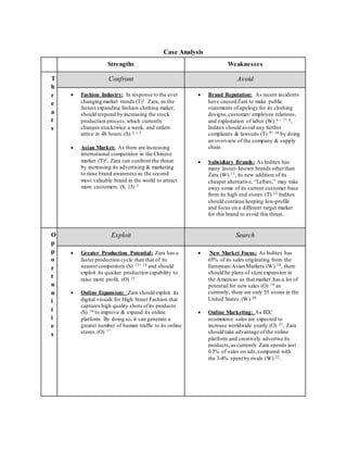 8
Case Analysis
Strengths Weaknesses
T
h
r
e
a
t
s
Confront Avoid
 Fashion Industry: In response to the ever
changing market trends (T)1 Zara, as the
fastest expanding fashion clothing maker,
should respond by increasing the stock
production process,which currently
changes stocktwice a week, and orders
arrive in 48 hours. (S) 2 ‘ 3
 Asian Market: As there are increasing
international competition in the Chinese
market (T)4, Zara can confront the threat
by increasing its advertising & marketing
to raise brand awareness as the second
most valuable brand in the world to attract
more customers. (S, 13) 5
 Brand Reputation: As recent incidents
have caused Zara to make public
statements of apology for its clothing
designs,customer/ employee relations,
and exploitation of labor (W) 6 ‘ 7’ 8,
Inditex should avoid any further
complaints & lawsuits (T) 9’ 10 by doing
an overview of the company & supply
chain.
 Subsidiary Brands: As Inditex has
many lesser- known brands otherthan
Zara (W) 11, its new addition of its
cheaper alternative, “Lefties,” may take
away some of its current customer base
from its high end stores.(T) 12 Inditex
should continue keeping low-profile
and focus on a different target market
for this brand to avoid this threat.
O
p
p
o
r
t
u
n
i
t
i
e
s
Exploit Search
 Greater Production Potential: Zara has a
faster production cycle than that of its
nearest competitors (S) 13’ 14 and should
exploit its quicker production capability to
raise more profit. (O) 15
 Online Expansion: Zara should exploit its
digital visuals for High Street Fashion that
captures high quality shots ofits products
(S) 16 to improve & expand its online
platform. By doing so, it can generate a
greater number of human traffic to its online
stores.(O) 17
 New Market Focus: As Inditex has
65% of its sales originating from the
European/Asian Markets (W) 18, there
should be plans of store expansion in
the Americas as that market has a lot of
potential for new sales (O) 19 as
currently, there are only 55 stores in the
United States.(W) 20
 Online Marketing: As B2C
ecommerce sales are expected to
increase worldwide yearly (O) 21, Zara
should take advantage of the online
platform and creatively advertise its
products,as currently Zara spends just
0.3% of sales on ads,compared with
the 3-4% spent by rivals (W) 22.
 