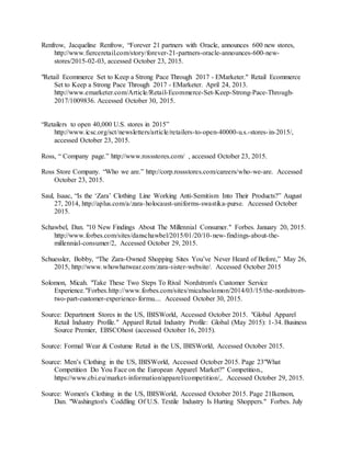 40
Renfrow, Jacqueline Renfrow, “Forever 21 partners with Oracle, announces 600 new stores,
http://www.fierceretail.com/story/forever-21-partners-oracle-announces-600-new-
stores/2015-02-03, accessed October 23, 2015.
"Retail Ecommerce Set to Keep a Strong Pace Through 2017 - EMarketer." Retail Ecommerce
Set to Keep a Strong Pace Through 2017 - EMarketer. April 24, 2013.
http://www.emarketer.com/Article/Retail-Ecommerce-Set-Keep-Strong-Pace-Through-
2017/1009836. Accessed October 30, 2015.
“Retailers to open 40,000 U.S. stores in 2015”
http://www.icsc.org/sct/newsletters/article/retailers-to-open-40000-u.s.-stores-in-2015/,
accessed October 23, 2015.
Ross, “ Company page.” http://www.rossstores.com/ , accessed October 23, 2015.
Ross Store Company. “Who we are.” http://corp.rossstores.com/careers/who-we-are. Accessed
October 23, 2015.
Saul, Isaac, “Is the ‘Zara’ Clothing Line Working Anti-Semitism Into Their Products?” August
27, 2014, http://aplus.com/a/zara-holocaust-uniforms-swastika-purse. Accessed October
2015.
Schawbel, Dan. "10 New Findings About The Millennial Consumer." Forbes. January 20, 2015.
http://www.forbes.com/sites/danschawbel/2015/01/20/10-new-findings-about-the-
millennial-consumer/2, Accessed October 29, 2015.
Schuessler, Bobby, “The Zara-Owned Shopping Sites You’ve Never Heard of Before,” May 26,
2015, http://www.whowhatwear.com/zara-sister-website/. Accessed October 2015
Solomon, Micah. "Take These Two Steps To Rival Nordstrom's Customer Service
Experience."Forbes.http://www.forbes.com/sites/micahsolomon/2014/03/15/the-nordstrom-
two-part-customer-experience-formu.... Accessed October 30, 2015.
Source: Department Stores in the US, IBISWorld, Accessed October 2015. "Global Apparel
Retail Industry Profile." Apparel Retail Industry Profile: Global (May 2015): 1-34. Business
Source Premier, EBSCOhost (accessed October 16, 2015).
Source: Formal Wear & Costume Retail in the US, IBISWorld, Accessed October 2015.
Source: Men’s Clothing in the US, IBISWorld, Accessed October 2015. Page 23"What
Competition Do You Face on the European Apparel Market?" Competition.,
https://www.cbi.eu/market-information/apparel/competition/,. Accessed October 29, 2015.
Source: Women's Clothing in the US, IBISWorld, Accessed October 2015. Page 21Ikenson,
Dan. "Washington's Coddling Of U.S. Textile Industry Is Hurting Shoppers." Forbes. July
 