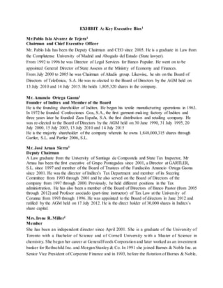 44
EXHIBIT A: Key Executive Bios1
Mr.Pablo Isla Alvarez de Tejera1
Chairman and Chief Executive Officer
Mr. Pablo Isla has been the Deputy Chairman and CEO since 2005. He is a graduate in Law from
the Complutense University of Madrid and Abogado del Estado (State lawyer).
From 1992 to 1996 he was Director of Legal Services for Banco Popular. He went on to be
appointed General Director of State Assests at the Ministry of Economy and Finances.
From July 2000 to 2005 he was Chairman of Altadis group. Likewise, he sits on the Board of
Directors of Telefónica, S.A. He was re-elected to the Board of Directors by the AGM held on
13 July 2010 and 14 July 2015. He holds 1,805,320 shares in the company.
Mr. Amancio Ortega Gaona1
Founder of Inditex and Member of the Board
He is the founding shareholder of Inditex. He began his textile manufacturing operations in 1963.
In 1972 he founded Confecciones Goa, S.A., the first garment-making factory of Inditex and
three years later he founded Zara España, S.A. the first distribution and retailing company. He
was re-elected to the Board of Directors by the AGM held on 30 June 1990, 31 July 1995, 20
July 2000, 15 July 2005, 13 July 2010 and 14 July 2015
He is the majority shareholder of the company wherein he owns 1,848,000,315 shares through
Gartler, S.L. and Partler 2006, S.L.
Mr. José Arnau Sierra1
Deputy Chairman
A Law graduate from the University of Santiago de Compostela and State Tax Inspector, Mr
Arnau has been the first executive of Grupo Pontegadea since 2001, a Director at GARTLER,
S.L. since 1997 and member of the Board of Trustees of the Fundación Amancio Ortega Gaona
since 2001. He was the director of Inditex's Tax Department and member of its Steering
Committee from 1993 through 2001 and he also served on the Board of Directors of the
company from 1997 through 2000. Previously, he held different positions in the Tax
administration. He has also been a member of the Board of Directors of Banco Pastor (from 2005
through 2012) and Profesor asociado (part-time instructor) of Tax Law at the University of
Corunna from 1993 through 1996. He was appointed to the Board of directors in June 2012 and
ratified by the AGM held on 17 July 2012. He is the direct holder of 30,000 shares in Inditex´s
share capital.
Mrs. Irene R. Miller1
Member
She has been an independent director since April 2001. She is a graduate of the University of
Toronto with a Bachelor of Science and of Cornell University with a Master of Science in
chemistry. She began her career at General Foods Corporation and later worked as an investment
banker for Rothschild Inc. and Morgan Stanley & Co. In 1991 she joined Barnes & Noble Inc. as
Senior Vice President of Corporate Finance and in 1993, before the flotation of Barnes & Noble,
 
