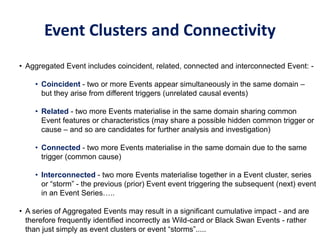 Event Clusters and Connectivity
• Aggregated Event includes coincident, related, connected and interconnected Event: -
• Coincident - two or more Events appear simultaneously in the same domain –
but they arise from different triggers (unrelated causal events)
• Related - two more Events materialise in the same domain sharing common
Event features or characteristics (may share a possible hidden common trigger or
cause – and so are candidates for further analysis and investigation)
• Connected - two more Events materialise in the same domain due to the same
trigger (common cause)
• Interconnected - two more Events materialise together in a Event cluster, series
or “storm” - the previous (prior) Event event triggering the subsequent (next) event
in an Event Series…..
• A series of Aggregated Events may result in a significant cumulative impact - and are
therefore frequently identified incorrectly as Wild-card or Black Swan Events - rather
than just simply as event clusters or event “storms”.....
 