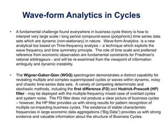 Wave-form Analytics in Cycles
• A fundamental challenge found everywhere in business cycle theory is how to
interpret very large scale / long period compound-wave (polyphonic) time series data
sets which are dynamic (non-stationary) in nature. Wave-form Analytics is a new
analytical too based on Time-frequency analysis – a technique which exploits the
wave frequency and time symmetry principle. The role of time scale and preferred
reference from economic observation are fundamental constraints for Friedman's
rational arbitrageurs - and will be re-examined from the viewpoint of information
ambiguity and dynamic instability.
• The Wigner-Gabor-Qian (WGQ) spectrogram demonstrates a distinct capability for
revealing multiple and complex superimposed cycles or waves within dynamic, noisy
and chaotic time-series data sets. A variety of competing deterministic and
stochastic methods, including the first difference (FD) and Hodrick-Prescott (HP)
filter - may be deployed with the multiple-frequency mixed case of overlaid cycles
and system noise. The FD filter does not produce a clear picture of business cycles
– however, the HP filter provides us with strong results for pattern recognition of
multiple co-impacting business cycles. The existence of stable characteristic
frequencies in large economic data aggregations (“Big Data”) provides us with strong
evidence and valuable information about the structure of Business Cycles.
 