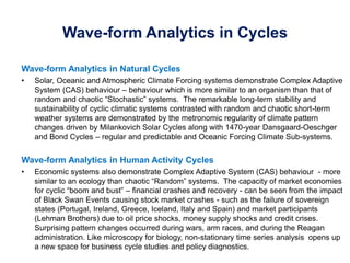 Wave-form Analytics in Cycles
Wave-form Analytics in Natural Cycles
• Solar, Oceanic and Atmospheric Climate Forcing systems demonstrate Complex Adaptive
System (CAS) behaviour – behaviour which is more similar to an organism than that of
random and chaotic “Stochastic” systems. The remarkable long-term stability and
sustainability of cyclic climatic systems contrasted with random and chaotic short-term
weather systems are demonstrated by the metronomic regularity of climate pattern
changes driven by Milankovich Solar Cycles along with 1470-year Dansgaard-Oeschger
and Bond Cycles – regular and predictable and Oceanic Forcing Climate Sub-systems.
Wave-form Analytics in Human Activity Cycles
• Economic systems also demonstrate Complex Adaptive System (CAS) behaviour - more
similar to an ecology than chaotic “Random” systems. The capacity of market economies
for cyclic “boom and bust” – financial crashes and recovery - can be seen from the impact
of Black Swan Events causing stock market crashes - such as the failure of sovereign
states (Portugal, Ireland, Greece, Iceland, Italy and Spain) and market participants
(Lehman Brothers) due to oil price shocks, money supply shocks and credit crises.
Surprising pattern changes occurred during wars, arm races, and during the Reagan
administration. Like microscopy for biology, non-stationary time series analysis opens up
a new space for business cycle studies and policy diagnostics.
 