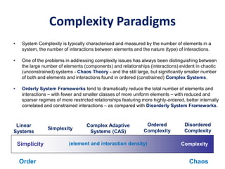 Complexity Paradigms
• System Complexity is typically characterised and measured by the number of elements in a
system, the number of interactions between elements and the nature (type) of interactions.
• One of the problems in addressing complexity issues has always been distinguishing between
the large number of elements (components) and relationships (interactions) evident in chaotic
(unconstrained) systems - Chaos Theory - and the still large, but significantly smaller number
of both and elements and interactions found in ordered (constrained) Complex Systems.
• Orderly System Frameworks tend to dramatically reduce the total number of elements and
interactions – with fewer and smaller classes of more uniform elements – with reduced and
sparser regimes of more restricted relationships featuring more highly-ordered, better internally
correlated and constrained interactions – as compared with Disorderly System Frameworks.
ComplexitySimplicity
Simplexity
Ordered
Complexity
Disordered
Complexity
Complex Adaptive
Systems (CAS)
Linear
Systems
(element and interaction density)
ChaosOrder
 