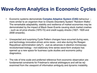 Wave-form Analytics in Economic Cycles
• Economic systems demonstrate Complex Adaptive System (CAS) behaviour -
more similar to an organism than to Chaotic Disorderly System “Random Walks”.
The remarkable adaptability, stability and resilience of market economies may be
demonstrated by the impact of Black Swan Events causing stock market crashes
- such as oil price shocks (1970-72) and credit supply shocks (1927- 1929 and
2008 onwards).
• Unexpected and surprising Cycle Pattern changes have occurred during wars,
and technology innovation-driven arms races - and also during the Reagan
Republican administration (why?). Just as advances in electron microscopy
revolutionised biology - non-stationary time series wave-form analysis has
opened up a new space for business cycle studies and economic policy
diagnostics.
• The role of time scale and preferred reference from economic observation are
fundamental constraints for Friedman's rational arbitrageurs and will be re[-
examined from the viewpoint of information ambiguity and dynamic instability.
 