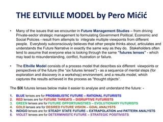 • Many of the issues that we encounter in Future Management Studies – from driving
Private-sector strategic management to formulating Government Political, Economic and
Social Policies - result from attempts to integrate multiple viewpoints from different
people. Everybody subconsciously believes that other people thinks about, articulates and
understands the Future Narrative in exactly the same way as they do. Stakeholders often
tend to assume that everyone else is looking through the same ”futures lenses” - which
may lead to misunderstanding, conflict, frustration or failure.
• The Eltville Model consists of a process model that describes six different viewpoints or
perspectives of the future (the “six futures lenses") - as a sequence of mental steps (for
exploration and discovery in a workshop) environment, and a results model, which
captures the results achieved in the process as "thought objects“.
The SIX futures lenses below make it easier to analyse and understand the future: -
1. BLUE lenses are for PROBABLISTIC FUTURE – RATIONAL FUTURISTS
2. RED lenses are for FUTURE THREATS – DISRUPTIVE FUTURISTS
3. GREEN lenses are for FUTURE OPPORTUNISTIIES – EVOLUTIONARY FUTURISTS
4. GOLD lenses are for DESIRED FUTURE VISION – GOAL ANALYSTS
5. INDIGO lenses are for STEADY STATE FUTURE – EXTRAPOLATION and PATTERN ANALYSTS
6. VIOLET lenses are for DETERMINISITC FUTURE – STRATEGIC POSITIVISTS
THE ELTVILLE MODEL by Pero Mićić
 