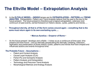 The Eltville Model – Extrapolation Analysis
5. In the ELTVILLE MODEL – INDIGO lenses are for EXTRAPOLATION – PATTERN and TREND
ANALYSIS. Extrapolation, Pattern and Trend Analysts believe that the past is the key to the
future-present. The future-present is therefore just a logical extrapolation, extension and
continuum of past events, carried foreword on historic waves, cycles, patterns and trends.....
• Throughout eternity, all that is of like form comes around again – everything that is the
same must return again in its own everlasting cycle.....
• Marcus Aurelius – Emperor of Rome •
• As the future-present develops and unfolds – it does so as a continuum of time past, time
present and time future – and so eternally perpetuating the eternally unfolding, extension,
replication and preservation of those historic cycles, patterns and trends that have shaped and
influenced actions and events throughout time.
The Probable Future – Assumptions: -
– Patent and Content Analysis
– Causal Layer Analysis (CLA)
– Fisher-Pry and Gompertz Analysis
– Pattern Analysis and Extrapolation
– Technology and Precursor Trend Analysis
– Morphological Matrices and Analogy Analysis
 