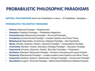PROBABILISTIC PHILOSOPHIC PARADIGMS
NATURAL PHILOSOPHERS tend to be Probabilistic in nature - 12 Probabilistic Paradigms.....
PROBABILISTIC PHILOSOPHIC PARADIGMS
• Polemic (Rational) Paradigm - Enlightenment
• Dystopian (Fatalistic) Paradigm – Probabilistic Negativism
• Postmodernism (Reactionary) Paradigm - Structural Philosophy
• Complexity (Constructionist) Paradigm - Complex Systems and Chaos Theory
• Metaphysical (Naturalistic, Evolutionary, Adaptive) Paradigm - Gaia Hypothesis
• Mystic (Gnostic, Sophistic, Esoteric, Cathartic) Paradigm – Contemplative Paradigm
• Uncertainty (Random, Chaotic, Disorderly, Enthalpy) Paradigm – Disruptive Paradigm
• Experiential (Forensic, Deductive, Realist, “Blue Sky”) Paradigm – Pragmatism
• Qualitative (Narrative, Reasoned) Paradigm - Scenario Forecasting and Impact Analysis
• Simplexity (Reductionist) Paradigm – Loosely-coupled Linear Systems and Game Theory
• Interpretive (Ordered, Systemic, Mechanistic, Entropic) Paradigm – Constructive Paradigm
• Quantitative (Logical, Technical) Paradigm - Mathematical Modelling & Statistical Analysis
 