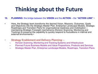 Thinking about the Future
10. PLANNING: the bridge between the VISION and the ACTION – the “ACTION LINK” •
• Here, the Strategy team transforms the desired Vision, Missions, Outcomes, Goals
and Objectives into the Strategic Master Plan, Enterprise Landscape Models, Strategic
Roadmaps and Transition Plans for organisational readiness and mobilisation –
maintaining Strategic Foresight mechanisms (Horizon Scanning, Monitoring and
Tracking) to preserve the capability to quickly respond to fluctuations in internal and
external environments •
• Strategy Enablement and Delivery Planning: -
– Horizon Scanning, Monitoring and Tracking Systems and Infrastructure
– Planned Future Business Models and Value Propositions, Products and Services
– Strategic Master Plan, Enterprise Landscape Models, Roadmaps, Transition Plans
 