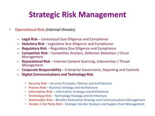 Strategic Risk Management
• Operational Risk (internal threats)
– Legal Risk – Contractual Due Diligence and Compliance
– Statutory Risk – Legislative Due Diligence and Compliance
– Regulatory Risk – Regulatory Due Diligence and Compliance
– Competitor Risk – Competitor Analysis, Defection Detection / Churn
Management
– Reputational Risk – Internet Content Scanning, Intervention / Threat
Management
– Corporate Responsibility – Enterprise Governance, Reporting and Controls
– Digital Communications and Technology Risk
• Security Risk – Security Principles, Policies and Architecture
• Process Risk – Business Strategy and Architecture
• Information Risk – Information Strategy and Architecture
• Technology Risk – Technology Strategy and Architecture
• Stakeholder Risk – Benefits Realisation Strategy and Communications Management
• Vendor / 3rd Party Risk – Strategic Vendor Analysis and Supply Chain Management
 
