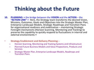 Thinking about the Future
10. PLANNING: = the bridge between the VISION and the ACTION – the
“ACTION LINK” • Here, the Strategy team transforms the desired Vision,
Missions, Outcomes, Goals and Objectives into the Strategic Master Plan,
Enterprise Landscape Models, Strategic Roadmaps and Transition Plans
for organisational readiness and mobilisation – maintaining Strategic
Foresight mechanisms (Horizon Scanning, Monitoring and Tracking) to
preserve the capability to quickly respond to fluctuations in internal and
external environments •
• Strategy Enablement and Delivery Planning: -
– Horizon Scanning, Monitoring and Tracking Systems and Infrastructure
– Planned Future Business Models and Value Propositions, Products and
Services
– Strategic Master Plan, Enterprise Landscape Models, Roadmaps and
Transition Plans
 