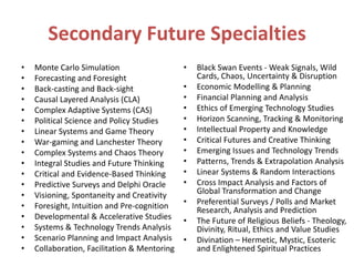 Secondary Future Specialties
• Monte Carlo Simulation
• Forecasting and Foresight
• Back-casting and Back-sight
• Causal Layered Analysis (CLA)
• Complex Adaptive Systems (CAS)
• Political Science and Policy Studies
• Linear Systems and Game Theory
• War-gaming and Lanchester Theory
• Complex Systems and Chaos Theory
• Integral Studies and Future Thinking
• Critical and Evidence-Based Thinking
• Predictive Surveys and Delphi Oracle
• Visioning, Spontaneity and Creativity
• Foresight, Intuition and Pre-cognition
• Developmental & Accelerative Studies
• Systems & Technology Trends Analysis
• Scenario Planning and Impact Analysis
• Collaboration, Facilitation & Mentoring
• Black Swan Events - Weak Signals, Wild
Cards, Chaos, Uncertainty & Disruption
• Economic Modelling & Planning
• Financial Planning and Analysis
• Ethics of Emerging Technology Studies
• Horizon Scanning, Tracking & Monitoring
• Intellectual Property and Knowledge
• Critical Futures and Creative Thinking
• Emerging Issues and Technology Trends
• Patterns, Trends & Extrapolation Analysis
• Linear Systems & Random Interactions
• Cross Impact Analysis and Factors of
Global Transformation and Change
• Preferential Surveys / Polls and Market
Research, Analysis and Prediction
• The Future of Religious Beliefs - Theology,
Divinity, Ritual, Ethics and Value Studies
• Divination – Hermetic, Mystic, Esoteric
and Enlightened Spiritual Practices
 