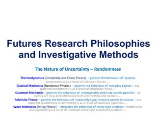 Futures Research Philosophies
and Investigative Methods
The Nature of Uncertainty – Randomness
Thermodynamics (Complexity and Chaos Theory) – governs the behaviour of Systems
randomness is as a result of Unknown Forces.....
Classical Mechanics (Newtonian Physics) – governs the behaviour of everyday objects – any
apparent randomness is as a result of Unknown Forces.....
Quantum Mechanics – governs the behaviour of unimaginably small sub-atomic particles – all
events are truly and intrinsically both symmetrical and random.....
Relativity Theory – governs the behaviour of impossibly super-massive cosmic structures – any
apparent randomness or asymmetry is as a result of Quantum Dynamics.....
Wave Mechanics (String Theory) – integrates the behaviour of every type of object –randomness
and asymmetry is a result of Unknown Forces and Quantum Dynamics.....
 