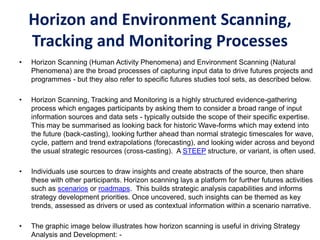 Horizon and Environment Scanning,
Tracking and Monitoring Processes
• Horizon Scanning (Human Activity Phenomena) and Environment Scanning (Natural
Phenomena) are the broad processes of capturing input data to drive futures projects and
programmes - but they also refer to specific futures studies tool sets, as described below.
• Horizon Scanning, Tracking and Monitoring is a highly structured evidence-gathering
process which engages participants by asking them to consider a broad range of input
information sources and data sets - typically outside the scope of their specific expertise.
This may be summarised as looking back for historic Wave-forms which may extend into
the future (back-casting), looking further ahead than normal strategic timescales for wave,
cycle, pattern and trend extrapolations (forecasting), and looking wider across and beyond
the usual strategic resources (cross-casting). A STEEP structure, or variant, is often used.
• Individuals use sources to draw insights and create abstracts of the source, then share
these with other participants. Horizon scanning lays a platform for further futures activities
such as scenarios or roadmaps. This builds strategic analysis capabilities and informs
strategy development priorities. Once uncovered, such insights can be themed as key
trends, assessed as drivers or used as contextual information within a scenario narrative.
• The graphic image below illustrates how horizon scanning is useful in driving Strategy
Analysis and Development: -
 