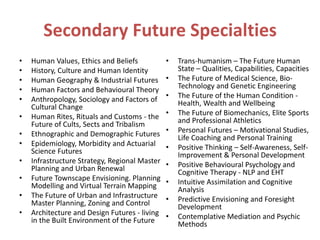 Secondary Future Specialties
• Human Values, Ethics and Beliefs
• History, Culture and Human Identity
• Human Geography & Industrial Futures
• Human Factors and Behavioural Theory
• Anthropology, Sociology and Factors of
Cultural Change
• Human Rites, Rituals and Customs - the
Future of Cults, Sects and Tribalism
• Ethnographic and Demographic Futures
• Epidemiology, Morbidity and Actuarial
Science Futures
• Infrastructure Strategy, Regional Master
Planning and Urban Renewal
• Future Townscape Envisioning. Planning
Modelling and Virtual Terrain Mapping
• The Future of Urban and Infrastructure
Master Planning, Zoning and Control
• Architecture and Design Futures - living
in the Built Environment of the Future
• Trans-humanism – The Future Human
State – Qualities, Capabilities, Capacities
• The Future of Medical Science, Bio-
Technology and Genetic Engineering
• The Future of the Human Condition -
Health, Wealth and Wellbeing
• The Future of Biomechanics, Elite Sports
and Professional Athletics
• Personal Futures – Motivational Studies,
Life Coaching and Personal Training
• Positive Thinking – Self-Awareness, Self-
Improvement & Personal Development
• Positive Behavioural Psychology and
Cognitive Therapy - NLP and EHT
• Intuitive Assimilation and Cognitive
Analysis
• Predictive Envisioning and Foresight
Development
• Contemplative Mediation and Psychic
Methods
 