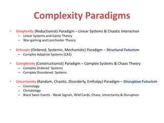 Complexity Paradigms
• Simplexity (Reductionist) Paradigm – Linear Systems & Chaotic Interaction
– Linear Systems and Game Theory
– War-gaming and Lanchester Theory
• Entropic (Ordered, Systemic, Mechanistic) Paradigm – Structural Futurism
– Complex Adaptive Systems (CAS)
• Complexity (Constructionist) Paradigm – Complex Systems & Chaos Theory
– Complex Ordered Systems
– Complex Disordered Systems
• Uncertainty (Random, Chaotic, Disorderly, Enthalpy) Paradigm – Disruptive Futurism
– Cosmology
– Climatology
– Black Swan Events - Weak Signals, Wild Cards, Chaos, Uncertainty & Disruption
 