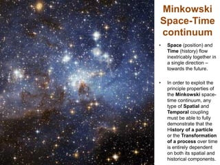 Minkowski
Space-Time
continuum
• Space (position) and
Time (history) flow
inextricably together in
a single direction –
towards the future.
• In order to exploit the
principle properties of
the Minkowski space-
time continuum, any
type of Spatial and
Temporal coupling
must be able to fully
demonstrate that the
History of a particle
or the Transformation
of a process over time
is entirely dependent
on both its spatial and
historical components.
 