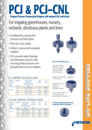 PCJ & PCJ–CNLCompact Pressure Compensated Drippers with optional CNL (anti-drain)
• Unaffected by varying inlet
pressure and field slopes
• Flow rate color coded
• Uniform, precise and consistent
irrigation
• CNL prevents water drainage
and eliminates need for refill,
ensuring instant pressure com-
pensated flow at every irrigation
For irrigating greenhouses, nursery,
orchards, deciduous plants and trees
PCJ-CNL is distinguished by the rings
around the bottom of the dripper
PCJ DRIPPER TECHNICAL DATA
Working flow rate water passage base cap
pressure dimensions color color
range width-depth-length
(bar) (l/h) (mm)
2.0 1.03 x 0.85 x 25 red black
0.5-4.0 3.0 1.03 x 1.10 x 25 blue black
4.0 1.20 x 1.05 x 25 gray black
8.0 1.90 x 1.15 x 25 green black
PCJ-CNL DRIPPER TECHNICAL DATA
Working flow rate water passage shut-off base cap
pressure dimensions pressure color color
range width-depth-length
(bar) (l/h) (mm) (bar)
2.0 1.03 x 0.85 x 25 0.12 red black
0.7-4.0 3.0 1.03 x 1.10 x 25 0.12 blue black
4.0 1.20 x 1.05 x 25 0.12 gray black
8.0 1.90 x 1.15 x 25 0.12 green black
PCJ & PCJ-CNL dripper parts
Large, wide and deep
flow path cross-section
to minimize clogging,
ensuring exact flow
rate in all conditions.
Injection molded dripper
construction, ensuring
uniform drippers and very low CV.
Resistant plastic mate-
rial with UV
protection for
all weather conditions.
Injected silicon diaphragm
ensuring long life
 