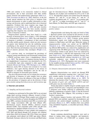 1980s and continue to be extensively studied in clinical
environments, due to their association with other mobile
genetic elements and multiresistance phenotypes (Hall et al.,
1999; Leverstein-van Hall et al., 2002). However, in the last
decade special attention has been given to integrons from
natural environments in order to gather information on their
ecology and diversity, and to understand their role in bacterial
adaptation. Evidence that stress response may trigger the
expression of intI (Guerin et al., 2009) and gene cassettes
(Michael and Labbate, 2010) has been recently reported,
suggesting that integrons may constitute important adaptive
systems in bacterial evolution.
Integron-related sequences have been found in a wide
diversity of bacterial hosts, most of them (w30%) belonging
to g-Proteobacteria (Moura et al., 2009). The wide dispersion
of integrons is probably a consequence of their association
with other mobile genetic elements, which not only increases
the genetic traits harbored but also the mobilizing events,
contributing to the spread of such elements in the environ-
ment. Their diversity and abundance may also be related to the
kind of selective pressures they encompass (Wright et al.,
2008).
In a previous study, we investigated the prevalence of
integrons among enterobacteria and aeromonads isolated from
a WWTP receiving waters from a slaughterhouse (Moura
et al., 2007). The presence of integrase-carrying bacteria in
the slaughterhouse’s wastewaters was determined to be 35%,
a considerably high value compared to other aquatic envi-
ronments (Rosser and Young, 1999; Henriques et al., 2006b).
Moreover, nearly 50% of strains were resistant to 5 or more
antibiotics, once again drawing attention to the misuse of
antibiotics in veterinary therapeutics and for the role of
WWTP as hotspots for horizontal gene transfer.
The aim of the present study was to evaluate the occurrence
and diversity of integrons in water samples from an urban
WWTP in order to assess the inﬂuence of the type of efﬂuent
on the prevalence of integrons and on the diversity of their
gene cassettes among Enterobacteriaceae and Aeromonas spp.
2. Materials and methods
2.1. Sampling and bacterial isolation
Sampling was performed in November 2007 in an activated
sludge plant receiving domestic efﬂuents, located in Erme-
sinde in the north of Portugal. Water samples were collected in
0.5 l autoclaved bottles at 5 points throughout the WWTP: raw
water (RW), a primary decantation tank (PD), an aeration tank
(AT), sludge recirculation (SR) and ﬁnal efﬂuent (FE).
Biochemical oxygen demand (BOD5), chemical oxygen
demand (COD), total suspended solids (TSS) and pH were
determined by standard methods (Clescerl et al., 1998).
Serial decimal dilutions of water samples were prepared in
0.9% NaCl and ﬁltered through 0.45 mm-pore size cellulose
sterile ﬁlters (Pall Life Sciences, MI, USA). Filters were placed
onto glutamate starch phenol red (GSP) agar plates (Merck,
Darmstadt, Germany) selective for Aeromonas and MacConkey
agar for Enterobacteriaceae (Merck, Darmstadt, Germany).
Duplicate sets of plates were incubated for 24 h at 30 
C and
37 
C. All individual colonies were picked from the following
dilutions: 10À4
and 10À5
in raw waters, 10À3
and 10À7
in
a primary decantation tank, 10À4
and 10À5
in an aeration tank,
10À6
and 10À8
in sludge recirculation and 10À2
and 10À2
in
ﬁnal efﬂuent, for MacConkey and GSP agar, respectively.
2.2. Integron screening and identiﬁcation of integrase-
positive isolates
Oligonucleotides used during this study are listed in Table
1. Bacterial colonies were screened for the presence of intI1,
intI2 and intI3 genes by dot blot hybridization, as described
previously (Moura et al., 2007). Colonies giving positive
hybridization signals were further puriﬁed by continuing
isolation in MacConkey and GSP agar. Molecular typing of
integrase-positive isolates was carried out by REP-PCR
(Versalovic et al., 1991). Identiﬁcation of isolates represent-
ing different REP proﬁles was achieved by ampliﬁcation and
sequencing of the 16S rRNA gene (Lane, 1991). Identiﬁcation
of Aeromonas isolates to the species level was achieved by
partial ampliﬁcation (w950 bp) and sequencing of the gyrB
gene (Yanez et al., 2003). Sequence similarity searches were
conducted using BLAST software (Altschul et al., 1997) and
nucleotide sequences were aligned by CLUSTAL X
(Thompson et al., 1997). Phylogenetic trees were constructed
by the neighbor-joining method (Saitou and Nei, 1987) using
MEGA version 4.0 (Tamura et al., 2007).
2.3. Integron characterization and genetic location
Integron characterization was carried out through PCR
ampliﬁcation with primers targeting class 1 and class 2 inte-
gron variable regions (Levesque et al., 1995; White et al.,
2001), as previously described (Moura et al., 2007). To
determine the structure of the 30
-segment of class 1 integrons,
the presence of qacE, sul1, sul3, ISCR1 (orf513) and tniC
(tniR) genes was also tested (Table 1).
Strains that failed to amplify integron variable regions with
primers 50
CS/30
CS (class 1 integrons) and hep74/hep51 (class
2 integrons) were further subjected to ampliﬁcation using
different combinations of primers (Table 1) and the Extensor
Long PCR Master Mix (ABgene, UK) according to manu-
facturer’s instructions.
To determine integron location, total genomic DNA and
plasmid DNA were puriﬁed, separated by electrophoresis and
transferred onto positive-charged membranes, as described
previously (Moura et al., 2007). Southern blots were probed
using intI-labeled fragments, as described previously (Moura
et al., 2007).
2.4. Conjugative gene transfer
Strains containing plasmid-borne integrons were used as
donors in mating assays using rifampicin- and kanamycin-
resistant Escherichia coli CV601-GFP as recipient strain
93A. Moura et al. / Research in Microbiology 163 (2012) 92e100
 
