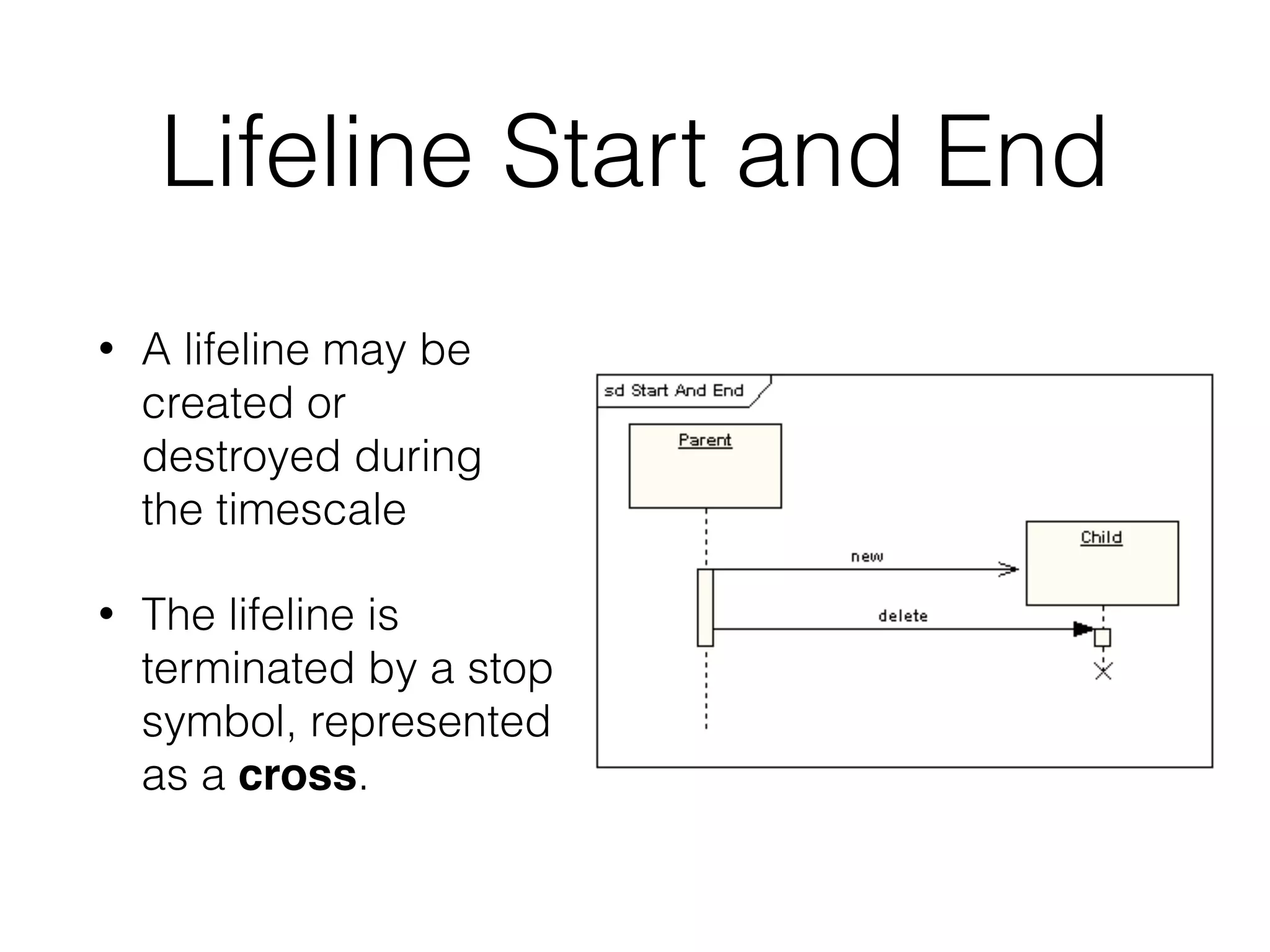 Lifeline Start and End
• A lifeline may be
created or
destroyed during
the timescale
• The lifeline is
terminated by a stop
symbol, represented
as a cross.
 