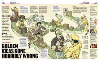 Ever since India
hiked the import
duty on gold,
UAE residents
have been using
every ounce of
their creativity
to smuggle the
yellow metal to
the sub-continent.
Mazhar
Farooqui rounds
up seven ingenious but
failed gold smuggling bids
in recent months.
SPRING A SURPRISE
At first glance customs officials in
Bengaluru found nothing suspi-
cious in a cargo of chairs arriving
from Dubai. But they nearly fell
off their chairs when an officer
instinctively ripped the fabric
of one of the chairs from the
consignment. The coil springs
in each chair were made of gold,
weighing 1.5kg in total.
LOO AND BEHOLD
If there’s one innovative smuggling bid
traffickers won’t be feeling quite so
flush about, it most definitely is this.
Smugglers hid 32 gold biscuits in the
toilet of an Air India plane flying from
Dubai to Chennai.
They got off in Chennai, hoping their
accomplices boarding the onward
flight to Delhi would pick up the gold.
The plan was good as there would’ve
been no customs checks on domestic
passengers. But officials got the better
of them. A similar plan backfired for
smugglers trying to sneak 280 bars
from Dubai to Dhaka on a flydubai
plane. They had to abandon the gold
mid-way or rather mid-air when they
sensed police presence in Bangladesh.
The metal, worth over $1 million was
later found in the plane toilet by the
cleaning crew.
COURIERS
Some smugglers have found a perfectly
legal way to sneak in gold. They use
Indian expats as couriers as they are
permitted to bring one kg of gold if they
are returning after six months. This ex-
plains how 80kg of gold made its way
to Calicut from Dubai. Each courier
carried one kilo. Even after paying im-
port day, they would have made a profit
of nearly Dh30,000 per kilo bar.
REAL BUMMER
Smugglers take great pains to
hide gold from airport customs.
But for this dumb crook flying
from Sharjah to Jaipur the pain
was literal – he had concealed
one kg of gold in his rectum. Un-
fortunately for him, his awkward
walk gave him away.
SEEDY IDEA
Here’s another laborious effort
that sparkles with creativity
and originality. Who’d hollow
out dates and replace their
seeds with similar size chips of
melted gold? But a man flying
to Pune from Dubai did just that
to try and cart away nearly half
a kilogram of gold to his home
country. But officials in India got
a whiff of the plan and busted
him as soon as he landed.
PIN UP BOY
As smuggling tricks go, it was certainly worth more than its weight
in gold. Understandably so, customs officials in Delhi saw nothing
amiss when a passenger flew in from Dubai with three cardboard
cartons containing a TV set, food processor and some clothes.
They were about to let him go when an officer noticed the boxes
had too many pins stapled to them. Out of curiosity, he removed
one of them and got it checked. The lab results were shimmering.
Each of the 109 pins was made of gold but had been painted grey
to make them look like normal staples.
golden
ideasgone
horriblywrong
Gold smuggling
special
report
1,500tonnes, the annual
demand for gold in India
80passengers on
a recent Dubai-
Calicut flight were
found carrying one
kilo each
200tonnes of smuggled
gold entered India in
2013, not counting
900 tonnes smug-
gled via gold carriers
bollywood
celebs
indubai
goldwar
XPRESS gives you a low down
on some of the Bollywood’s
biggest celebrities who have
served as brand ambassadors
for leading jewellery groups at
one time or another:
AishwaryaRai, along with
her father-in-law Amitabh
Bachchan
represents
Kalyan
Jewellers in
India at the
national and
international
level. For
regional promotions, Kalyan has
also signed on other stars like
Nagarjuna in Andhra Pradesh
and Sivaraj Kumar in Karnataka.
KareenaKapoor donned the
role of brand ambassador
for Malabar Gold last year,
replacing Hema Malini.
HrithikRoshan is the latest
to be added to Joy Alukkas’
star-studded list of brand
ambassadors. South Indian
stars R. Madhavan, Suresh Gopi,
Kiccha Sudeep and Allu Arjun
have also endorsed the brand.
Sridevi is the brand
ambassador for Tanishq,
which has had such names
as Amitabh Bachchan and
Jaya Bachchan representing
it earlier.
Nargis Fakhri debuted as
the face of Damas during its
last Diwali campaign. Esha
Gupta was the previous brand
ambassador for the line.
Nargis represents Damas
brands like Legacy, Gehna,
Mira, Harmony and Ananya.
ShraddhaKapoor, the
Aashiqui 2 star, endorses the
Parineeta and Nirvana lines of
jewellery for the Gitanjali Group.
You Speak
„„ What should be done to
prevent gold smuggling?
„„ Should India reduce the
import duty on gold?
Write to us at:
„„ editor@xpress4me.com
„„ www.xpress4me.com
„„ sms 5101
HANDLE WITH CARAT
When officials at Sharjah Airport
spotted this Indian passenger
looking more nervous than Dolly
Parton in a gale force wind, they
asked him to unpack his lug-
gage. Finding nothing objection-
able, they checked his bag. On
closer scrutiny they discovered
it’s handle was not made of steel,
but, hallelujah, glittering gold. The
man was arrested along with the
UAE jeweller who had replaced the
original handle.
ILLUSTRATION: ador t. bustamante
10 11
xpress www.xpress4me.com www.xpress4me.com xpress
news newsMarch 27, 2014 / ThursdayThursday / March 27, 2014
See also page 10
 