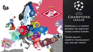 Essentially a contest
between the greatest
teams across Europe.
Teams qualify,
compete (tournament)
and win one trophy
 