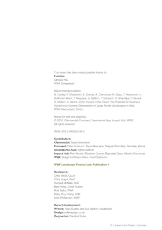 13 | Impact in the Forests | Summary
This report has been made possible thanks to:
Funders:
Climate-KIC
WWF Switzerland
Recommended citation:
N. Dudley, P. Chatterton, E. Cramer, A. Cremonesi, R. Deau, T. Havemann, H.
Hoffmann-Riem, T. Neupane, A. Safford, P. Scheuch, D. Shandilya, P. Skvaril,
S. Stolton, S. Varma. 2016. Impact in the Forest: The Potential for Business
Solutions to Combat Deforestation in Large Forest Landscapes in Asia,
WWF-Switzerland: Zürich.
Notice for text and graphics:
© 2016. Clarmondial, Ennovent, Greenworks Asia, Impact Hub, WWF.
All rights reserved.
ISBN: 978-2-940529-36-0
Contributors:
Clarmondial: Tanja Havemann
Ennovent: Peter Scheuch, Tapas Neupane, Deepak Shandilya, Sandeep Varma
GreenWorks Asia: Agnes Safford
Impact Hub: Petr Skvaril, Elisabeth Cramer, Raphaele Deau, Alberto Cremonesi
WWF: Holger Hoffmann-Riem, Paul Chatterton
WWF Landscape Finance Lab: Publication 1
Reviewers:
Chris Elliott, CLUA
Chris Knight, PwC
Richard McNally, SNV
Ben Ridley, Credit Suisse
Rod Taylor, WWF
Dang Thuy Trang, ADB
Kate Wolfenden, WWF
Report development:
Writers: Nigel Dudley and Sue Stolton, Equilibrium
Design: millerdesign.co.uk
Copywriter: Caroline Snow
 
