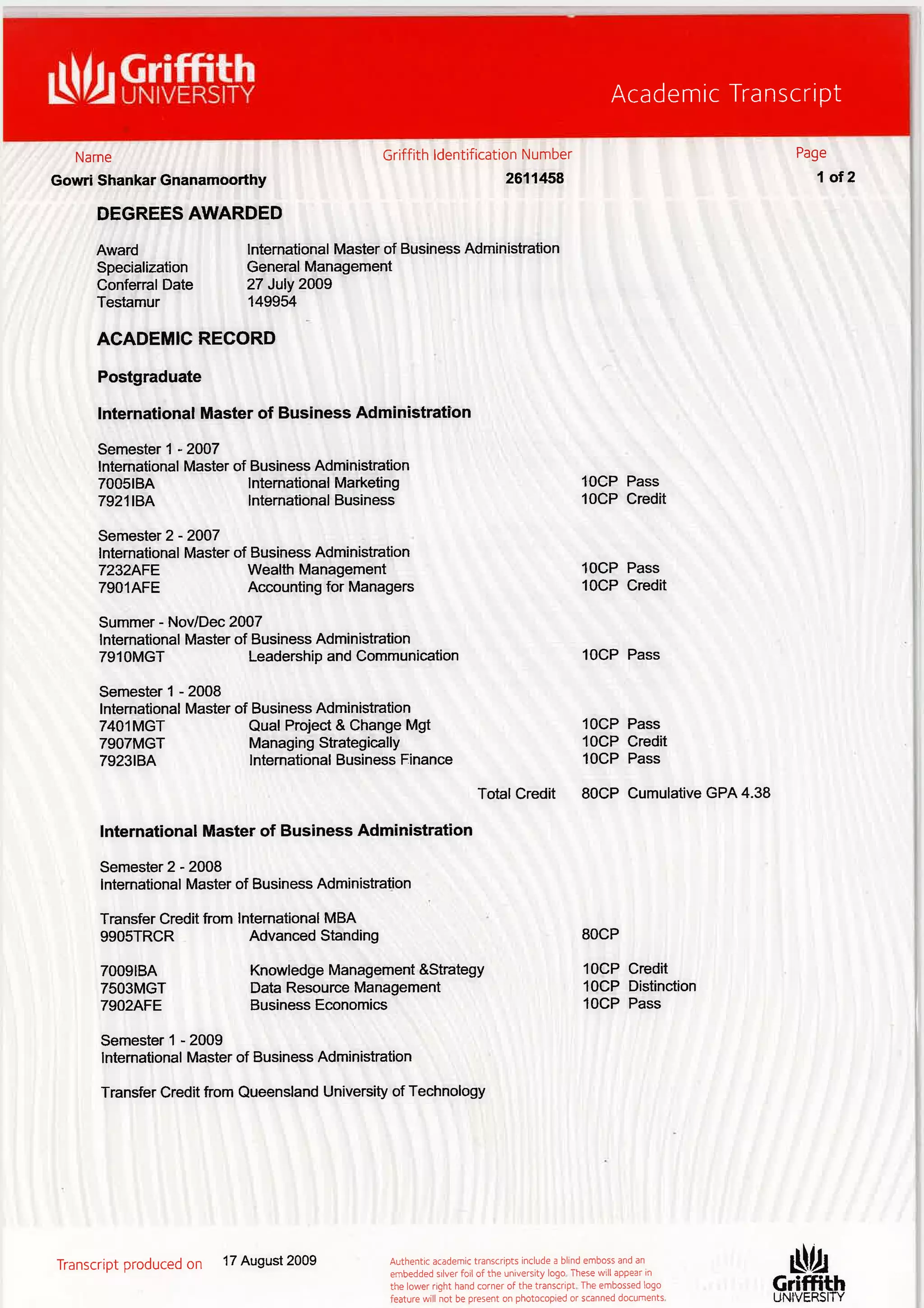 MBA Certificate & Academic transcript | PDF