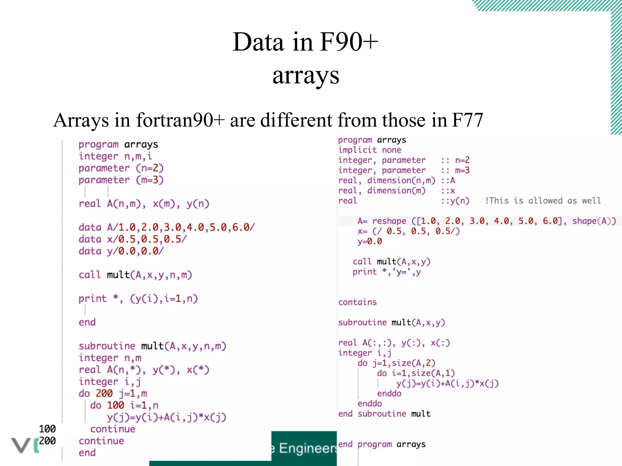 Data in F90+
arrays
Arrays in fortran90+ are different from those in F77
 