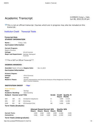 6/8/2016 Academic Transcript
https://ssb.ua.edu/pls/PROD/bwskotrn.P_ViewTran 1/4
Academic Transcript
 
11359632 Craig L. Cato
Jun 08, 2016 03:29 pm
This is not an official transcript. Courses which are in progress may also be included on this
transcript.
Institution Credit    Transcript Totals
Transcript Data
STUDENT INFORMATION
Name : Craig L. Cato
Curriculum Information
Current Program:
Master of Science
College: Arts & Sciences
Major and Department: Geology, Geological
Sciences
 
***This is NOT an Official Transcript***
 
DEGREES AWARDED:
Awarded: Master of Science Degree Date: Dec 13, 2014
Curriculum Information
Primary Degree:
College: Arts & Sciences
Major: Geology
Master's Thesis: Seismic Interpretation and Structural Analysis of the Alleghanian Fold­Thrust
Belt in Central Alabama.
 
INSTITUTION CREDIT      ­Top­
Term: Fall 2011
Major: Geology
Academic Standing: Good Standing
Subject Course Level Title Grade Credit
Hours
Quality
Points
R
GEO 369 UG Introduction Geophysics A­ 3.000 11.010    
GEO 507 GR Seismology A 3.000 12.000    
IDGR 601 GR GTA Assistant Only NG 6.000 0.000    
Term Totals (Graduate)
  Attempt
Hours
Passed
Hours
Earned
Hours
GPA
Hours
Quality
Points
GPA
Current Term: 3.000 3.000 3.000 3.000 12.000 4.000
Cumulative: 3.000 3.000 3.000 3.000 12.000 4.000
Term Totals (Undergraduate)
 
