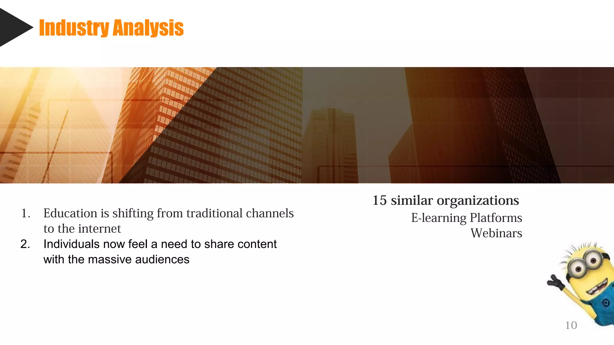 Industry Analysis
15 similar organizations
E-learning Platforms
Webinars
10
1. Education is shifting from traditional channels
to the internet
2. Individuals now feel a need to share content
with the massive audiences
 
