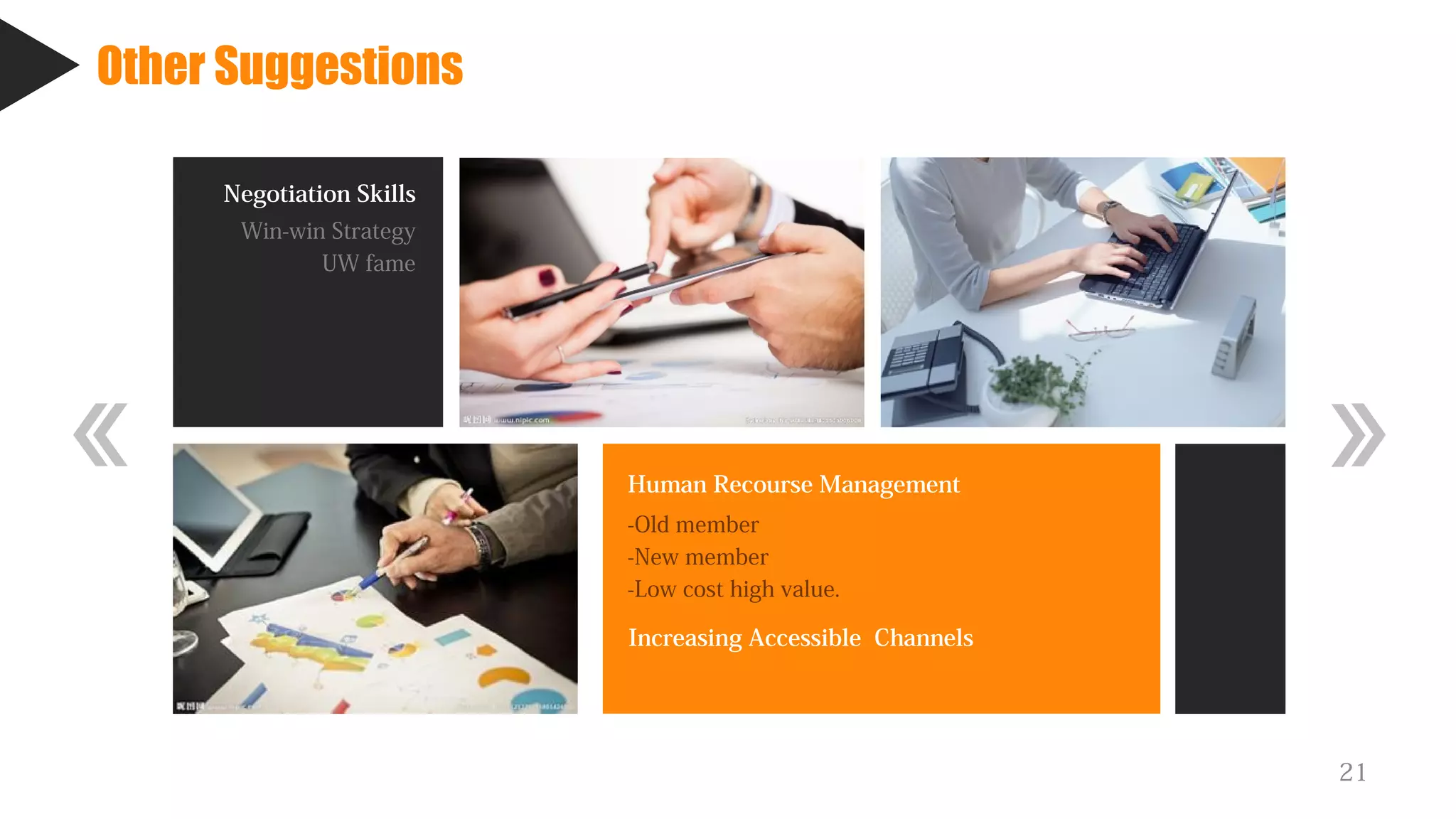 Other Suggestions
Human Recourse Management
-Old member
-New member
-Low cost high value.
Negotiation Skills
Win-win Strategy
UW fame
21
Increasing Accessible Channels
 