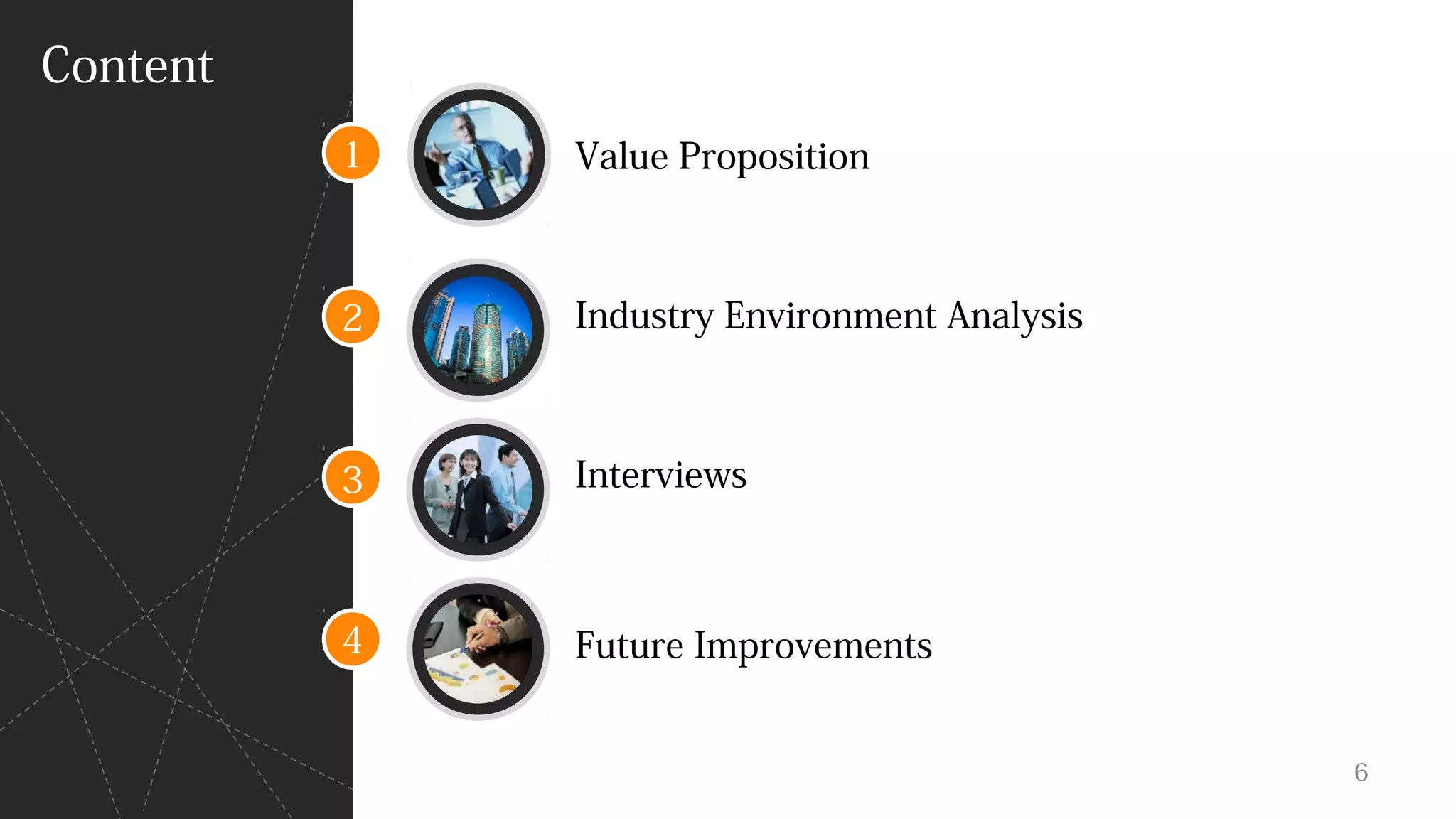 Content
1
2
3
4
Value Proposition
Future Improvements
Industry Environment Analysis
Interviews
6
 