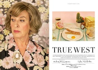 TRUE WEST
MOM
Photographed by
AudreyAnaxagorou
Art Directed by
LydiaMandridou
Styling Lydia Mandridou Μakeup Tereza Manti (Kohl Studio) Hair Marios Neofytou
MOM Λένια Σορόκου
AUSTIN Bαλεντίνος Κόκκινος LEE Αντρέας Τσέλεπος
Ευχαριστίες στο Studio Vattis
ΟΙ ΠΡΩΤΑΓΩΝΙΣΤΈΣ ΤΗΣ ΠΑΡΆΣΤΑΣΗΣ ΠΟΥ ΘΑ ΣΥΖΗΤΗΘΕΊ ΑΥΤΌ ΤΟ ΧΕΙΜΏΝΑ, ΤΟ
ΈΡΓΟ «TRUE WEST» ΤΟΥ SAM SHEPARD ΣΕ ΠΑΡΑΓΩΓΉ ΤΗΣ OPEN ARTS, ΜΠΑΊΝΟΥΝ, ΓΙΑ
ΧΆΡΗ ΤΟΥ HAIRETC., ΣΤΟ ΠΕΤΣΊ ΤΟΥ ΡΌΛΟΥ ΤΟΥΣ.
T R A N S F O R M A T I O N S
 