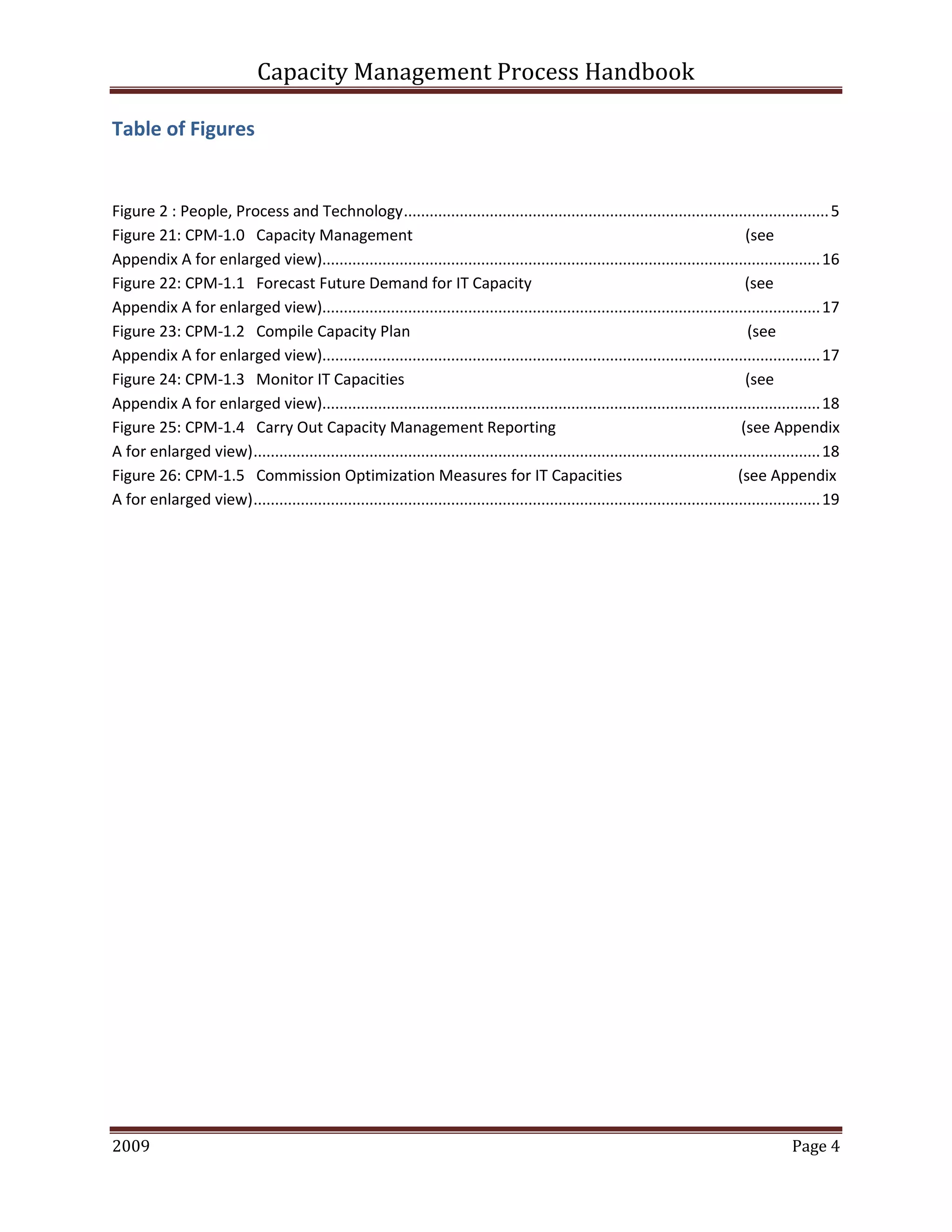 Capacity Management Process Handbook
2009 authored by: C Michael Dalton Page 4
Table of Figures
Figure 2 : People, Process and Technology...................................................................................................5
Figure 21: CPM-1.0 Capacity Management (see
Appendix A for enlarged view)....................................................................................................................16
Figure 22: CPM-1.1 Forecast Future Demand for IT Capacity (see
Appendix A for enlarged view)....................................................................................................................17
Figure 23: CPM-1.2 Compile Capacity Plan (see
Appendix A for enlarged view)....................................................................................................................17
Figure 24: CPM-1.3 Monitor IT Capacities (see
Appendix A for enlarged view)....................................................................................................................18
Figure 25: CPM-1.4 Carry Out Capacity Management Reporting (see Appendix
A for enlarged view)....................................................................................................................................18
Figure 26: CPM-1.5 Commission Optimization Measures for IT Capacities (see Appendix
A for enlarged view)....................................................................................................................................19
authored by: C Michael Dalton
 